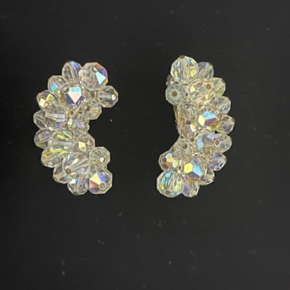 Vintage Laguna clip on earrings AB crystals crescent shape. Marked. Measures: ap